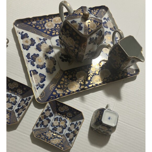Antique 7 Piece Fukagawa Koransha Cobalt Blue and Gold Gilt Tea Set W Platter - Picture 7 of 15